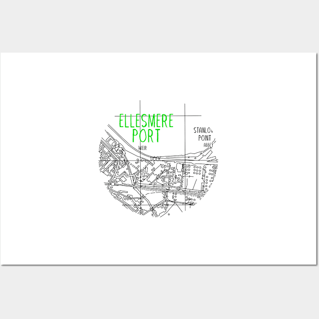 Ellesmere Port Map (Green & White) Wall Art by edajylix